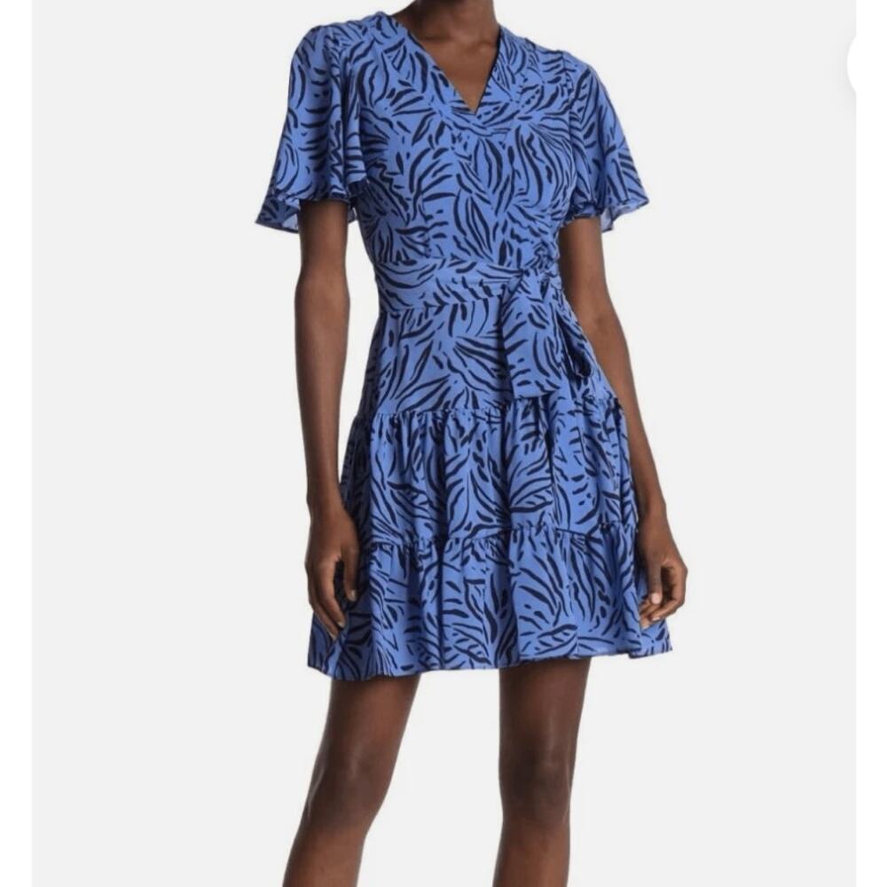 Eliza J Blue Black Zebra Pattern Flutter Sleeve Tiered Fit Flare Dress Sz 6